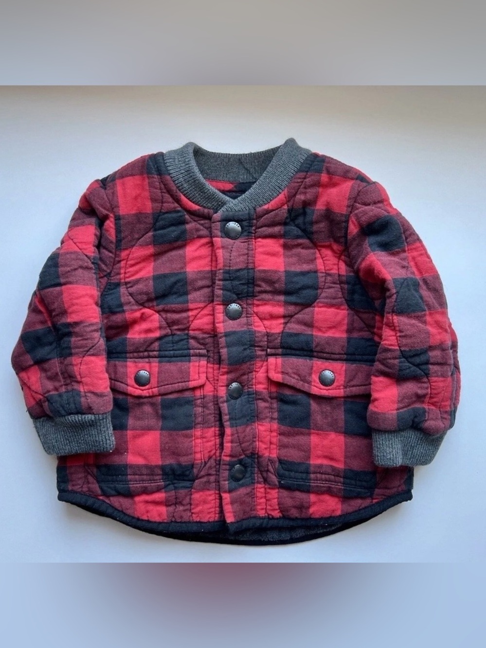 Baby Gap Quilted Buffalo Plaid Jacket Fleece Lined Red Black Size 12-18 Months